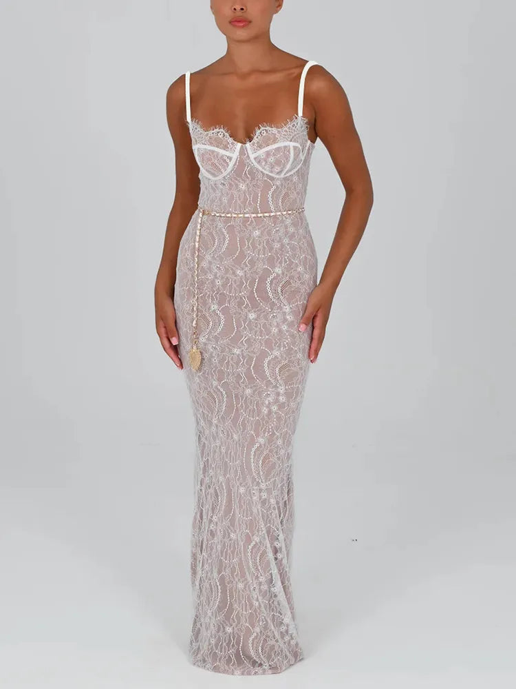 Elegant Lace Print Backless Bodycon Maxi Dress Rown