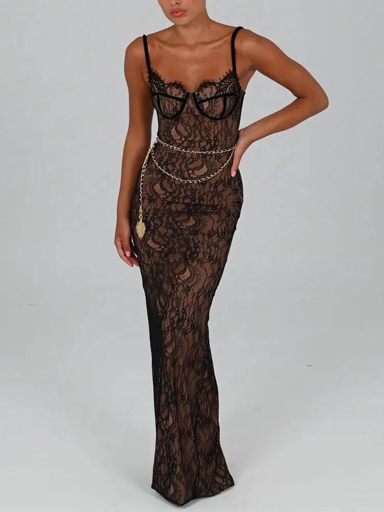 Elegant Lace Print Backless Bodycon Maxi Dress Rown