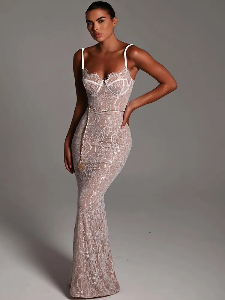 Elegant Lace Print Backless Bodycon Maxi Dress Rown