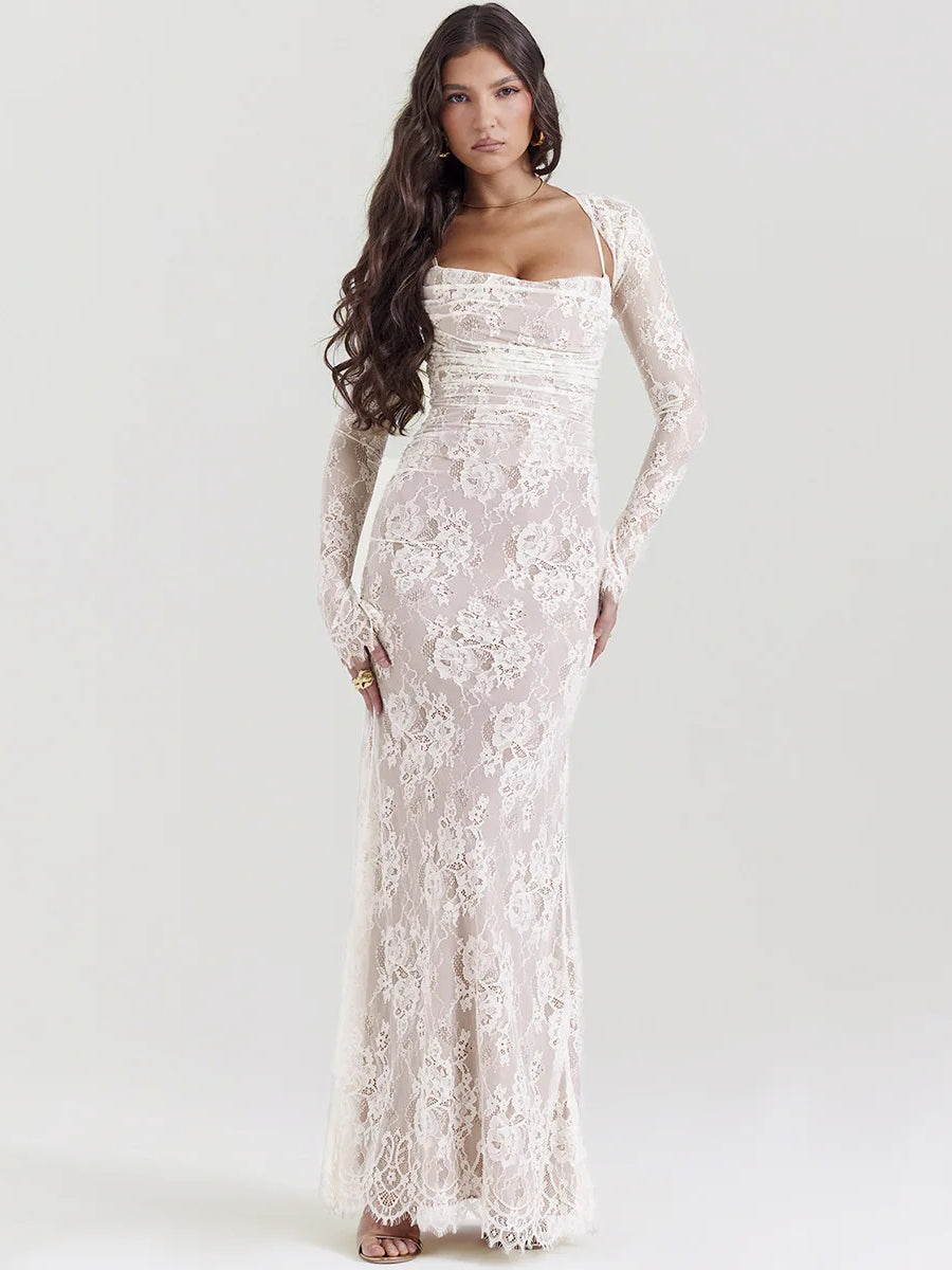 Elegant Lace Print Bodycon Maxi Dress Rown