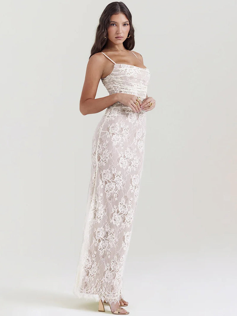 Elegant Lace Print Bodycon Maxi Dress Rown