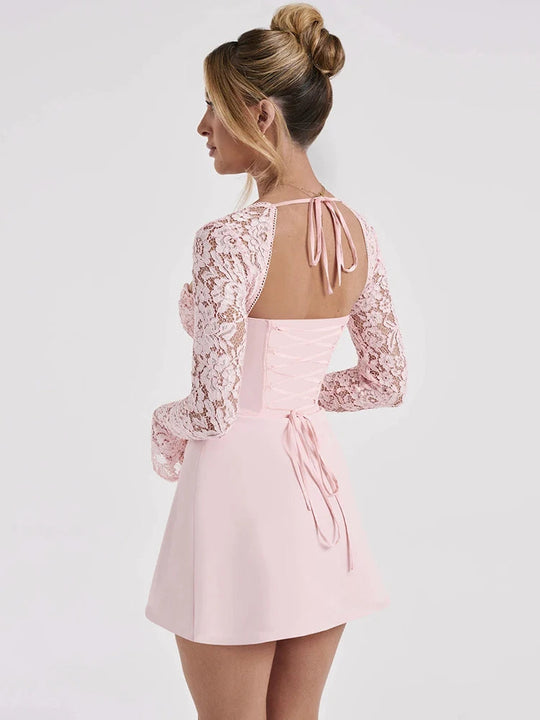 Elegant Lace Sheer Bodycon Long Sleeve Mini Dress Rown