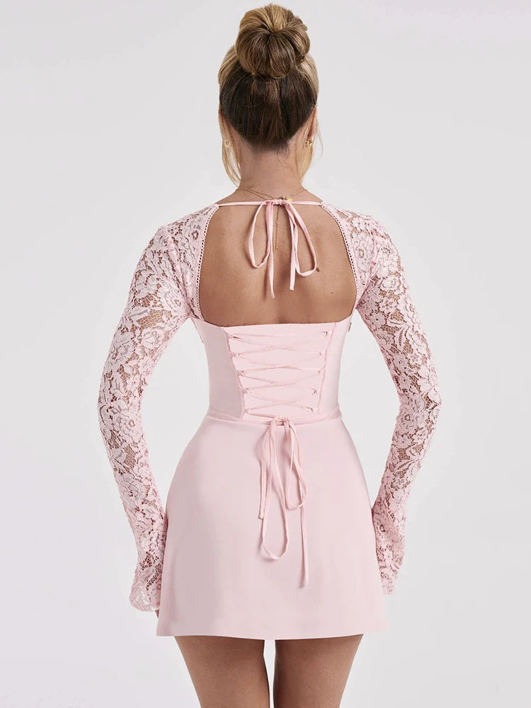 Elegant Lace Sheer Bodycon Long Sleeve Mini Dress Rown