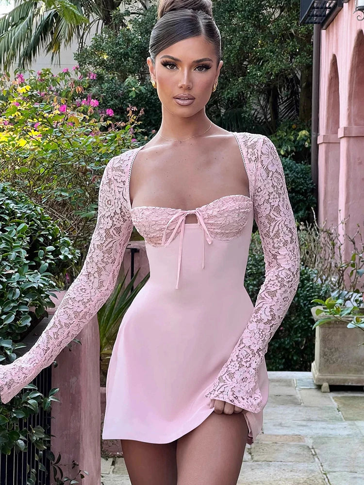 Elegant Lace Sheer Bodycon Long Sleeve Mini Dress Rown