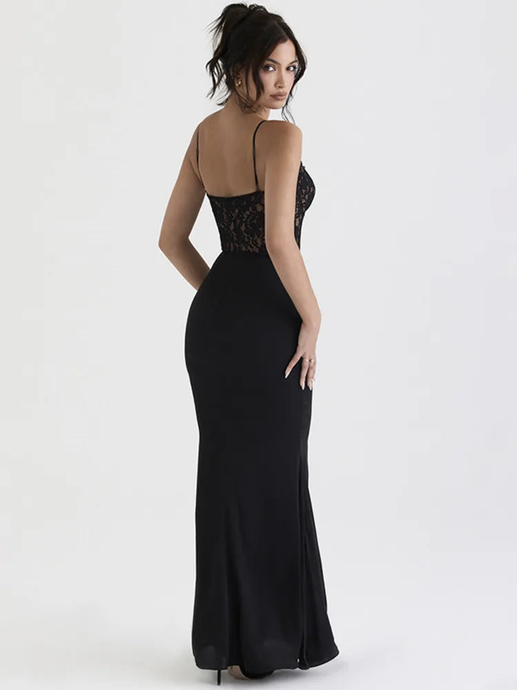 Elegant Lace Spaghetti Strap Backless Bodycon Maxi Dress Rown