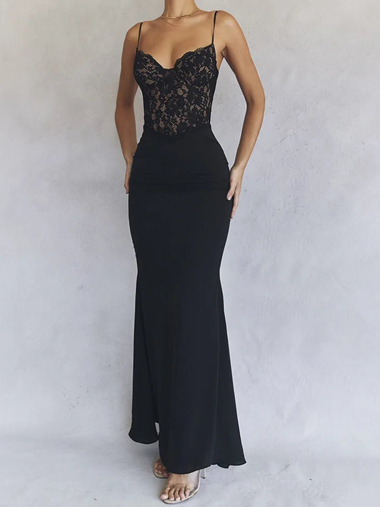 Elegant Lace Spaghetti Strap Backless Bodycon Maxi Dress Rown