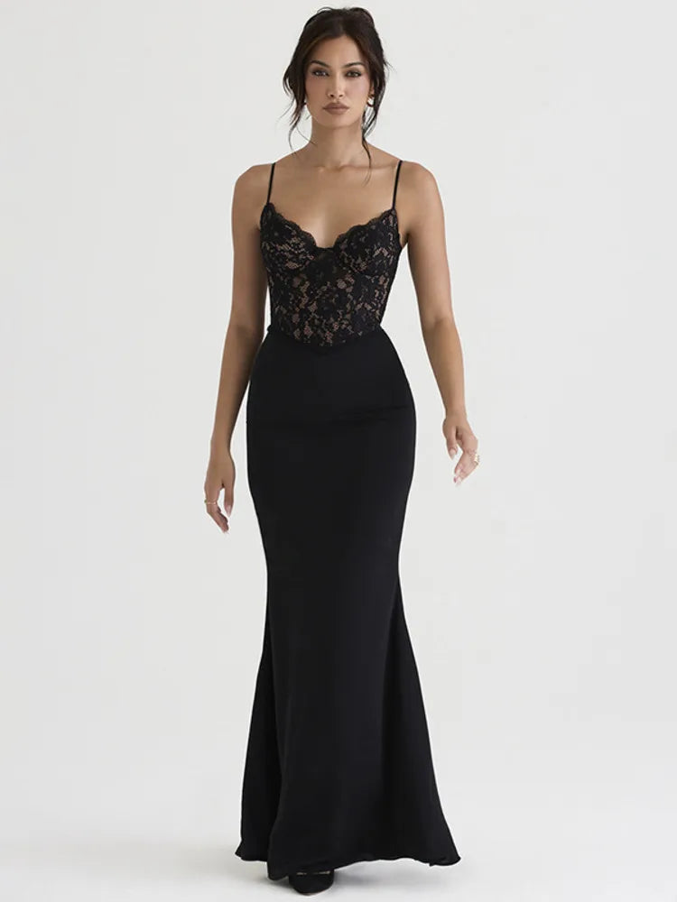 Elegant Lace Spaghetti Strap Backless Bodycon Maxi Dress Rown