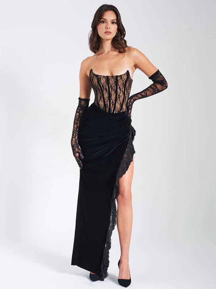 Elegant Lace Strapless Backless Maxi Dress Rown