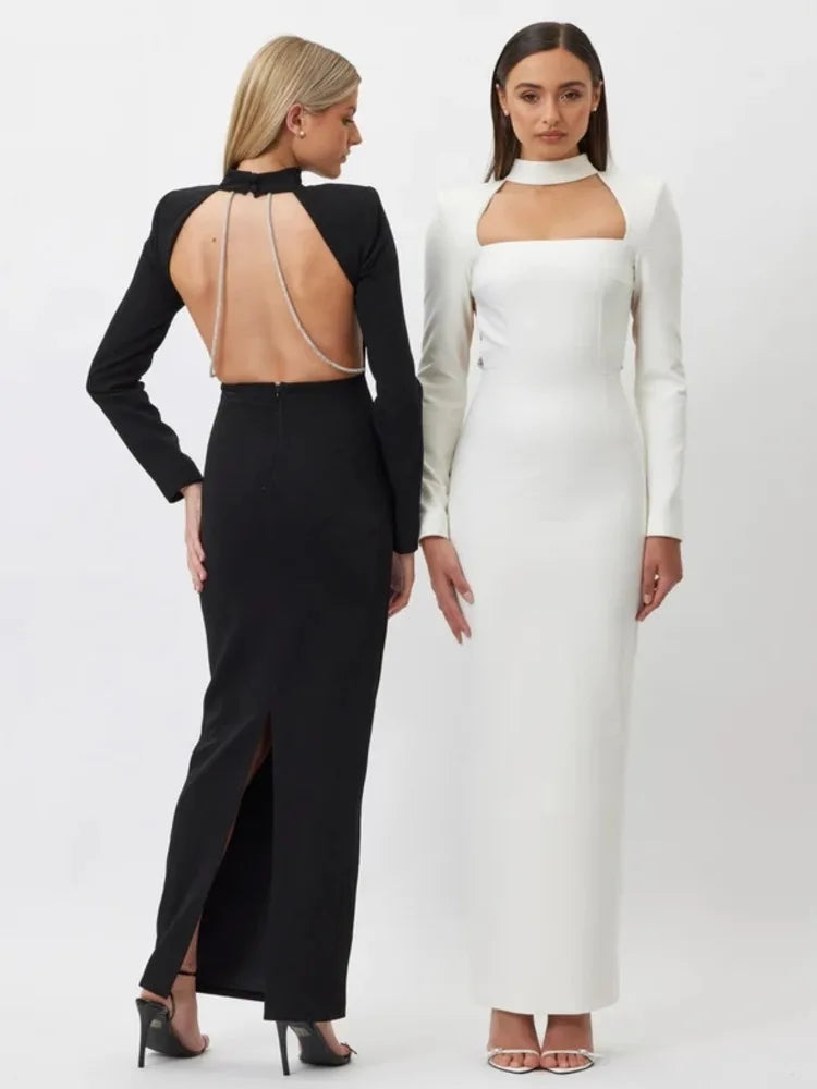 Elegant Long Sleeve Backless Hollow Out Maxi Dress Rown