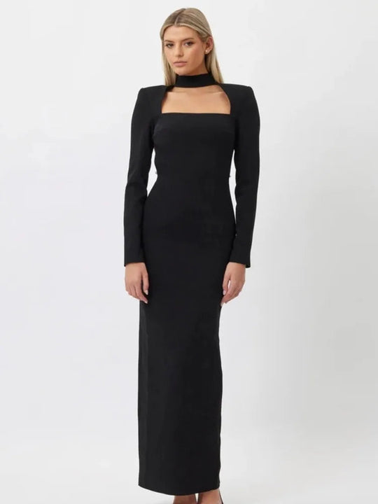 Elegant Long Sleeve Backless Hollow Out Maxi Dress Rown