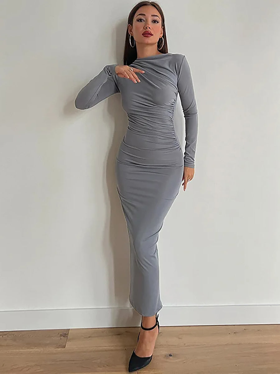 Elegant Long Sleeve O Neck Ruched Maxi Dress Rown