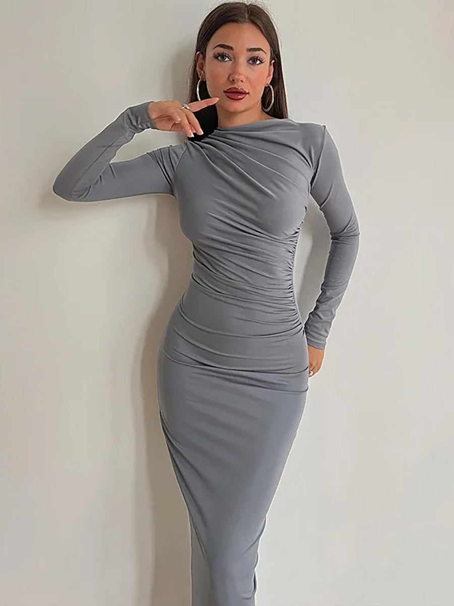 Elegant Long Sleeve O Neck Ruched Maxi Dress Rown