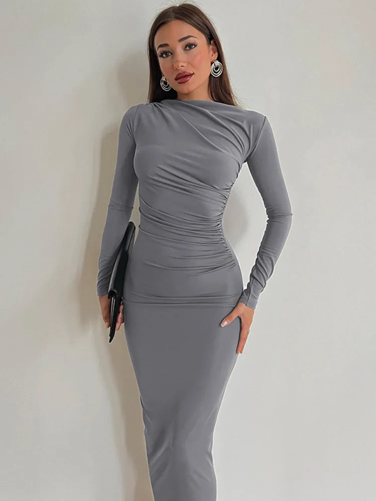 Elegant Long Sleeve O Neck Ruched Maxi Dress Rown