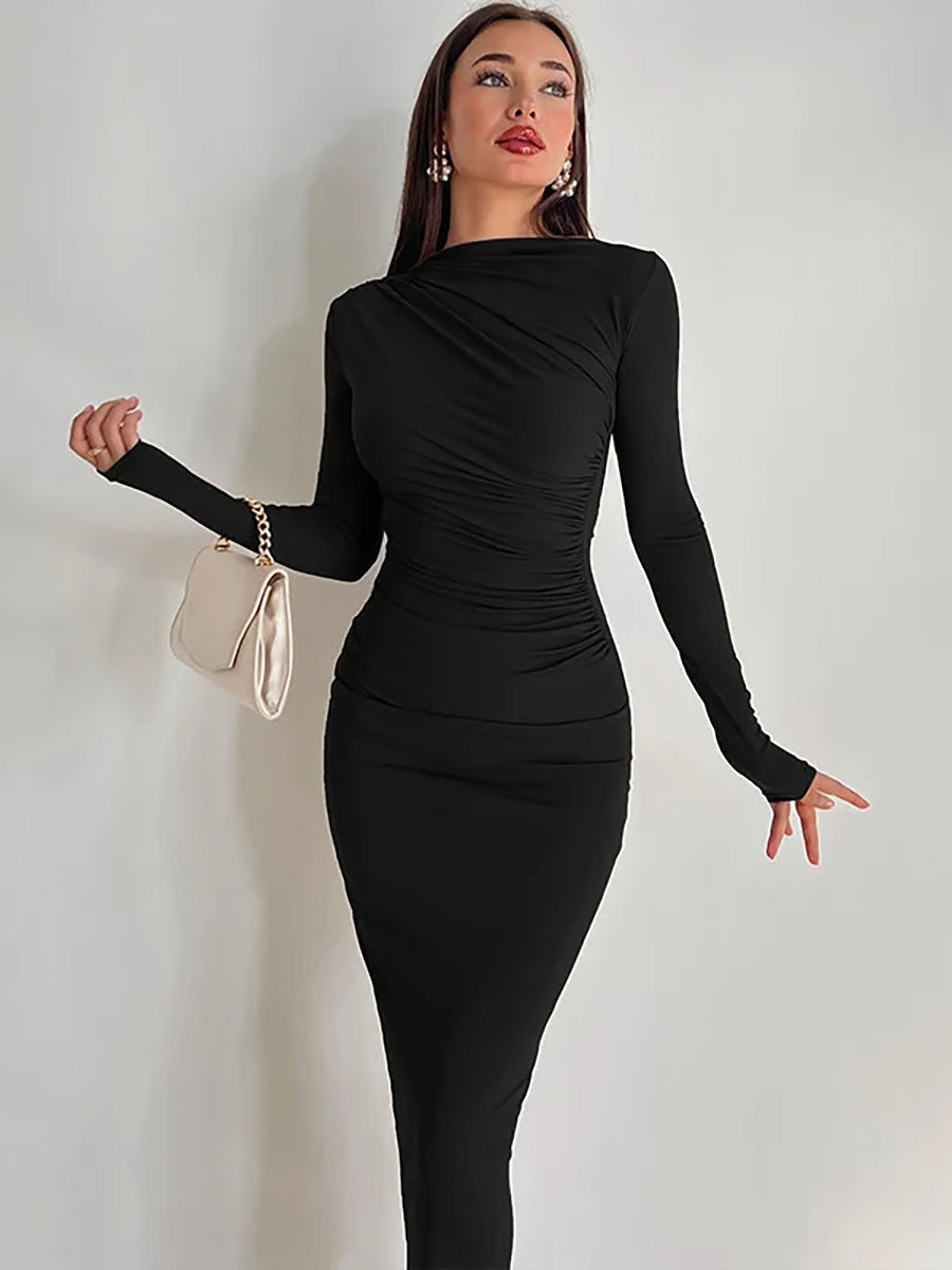 Elegant Long Sleeve O Neck Ruched Maxi Dress Rown