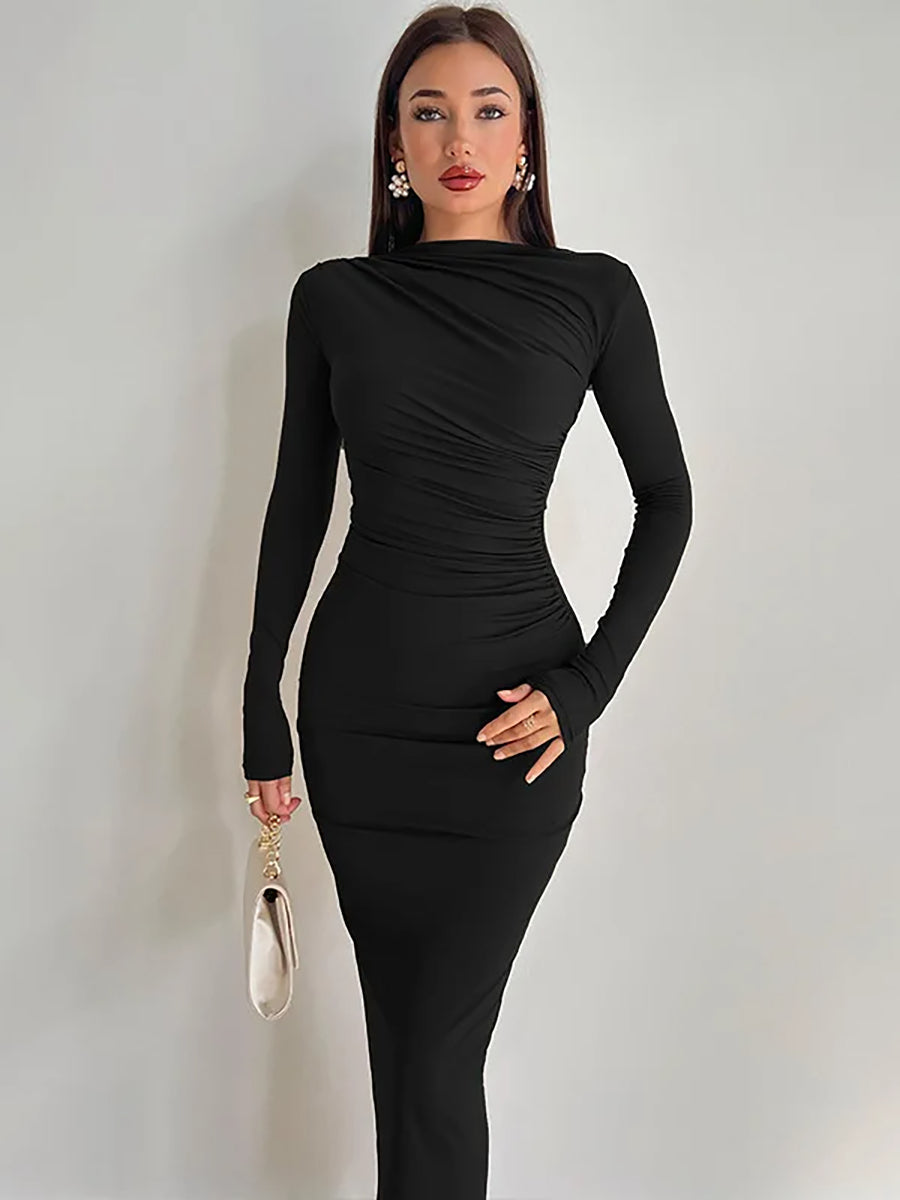 Elegant Long Sleeve O Neck Ruched Maxi Dress Rown