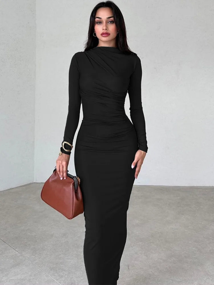 Elegant Long Sleeve O Neck Ruched Maxi Dress Rown