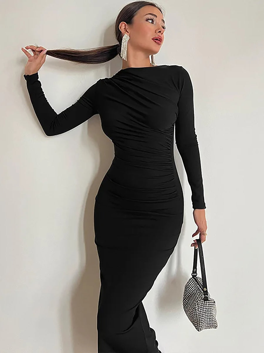 Elegant Long Sleeve O Neck Ruched Maxi Dress Rown