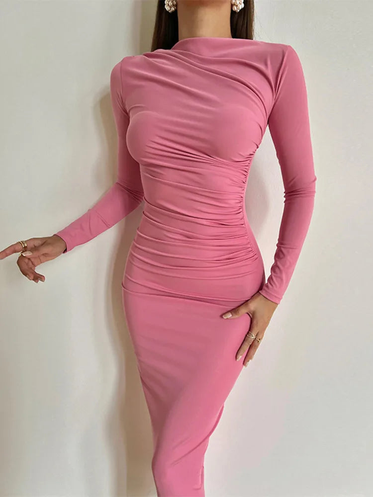 Elegant Long Sleeve O Neck Ruched Maxi Dress Rown