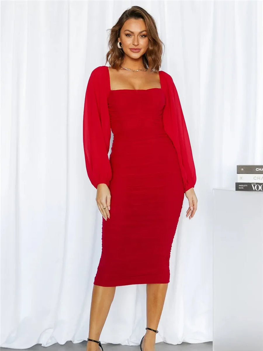 Elegant Mesh Long Sleeve Backless Midi Dress Rown