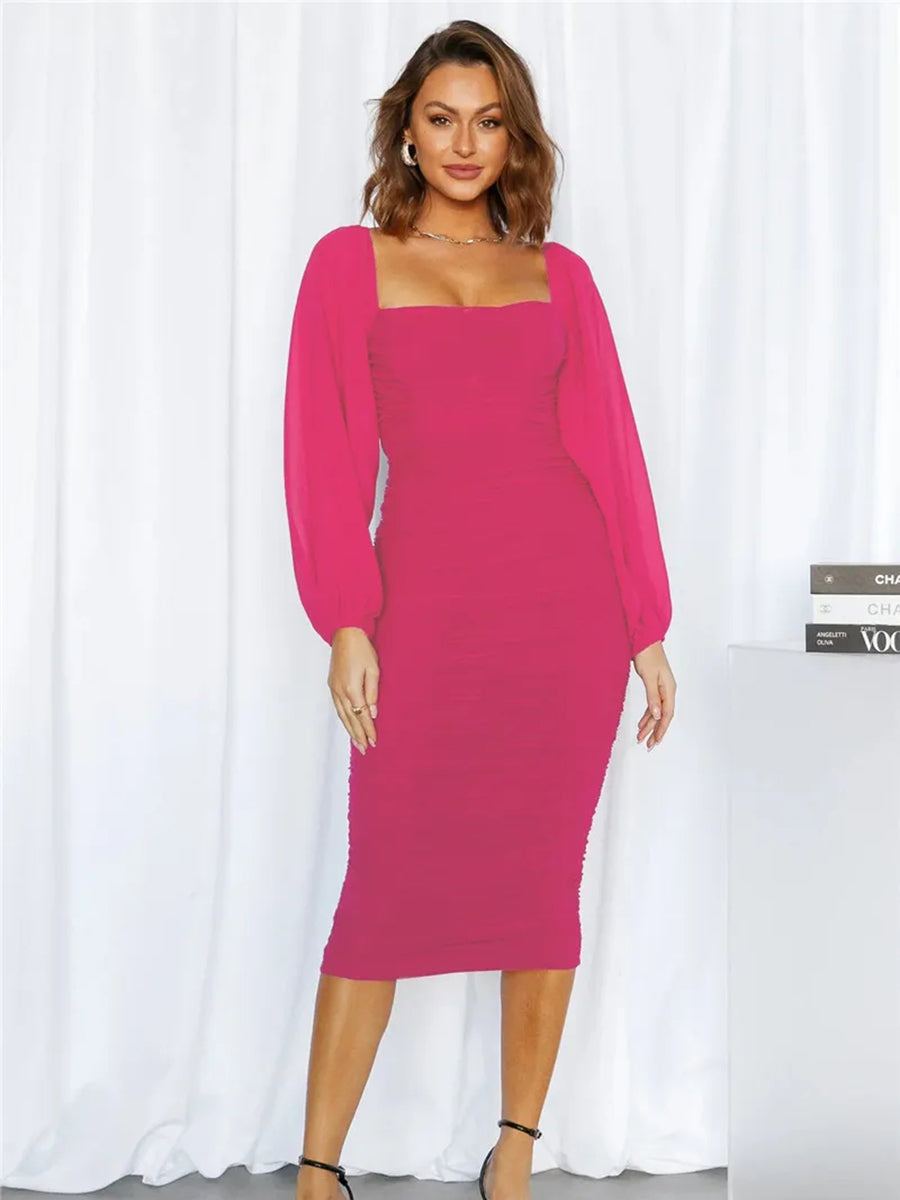 Elegant Mesh Long Sleeve Backless Midi Dress Rown