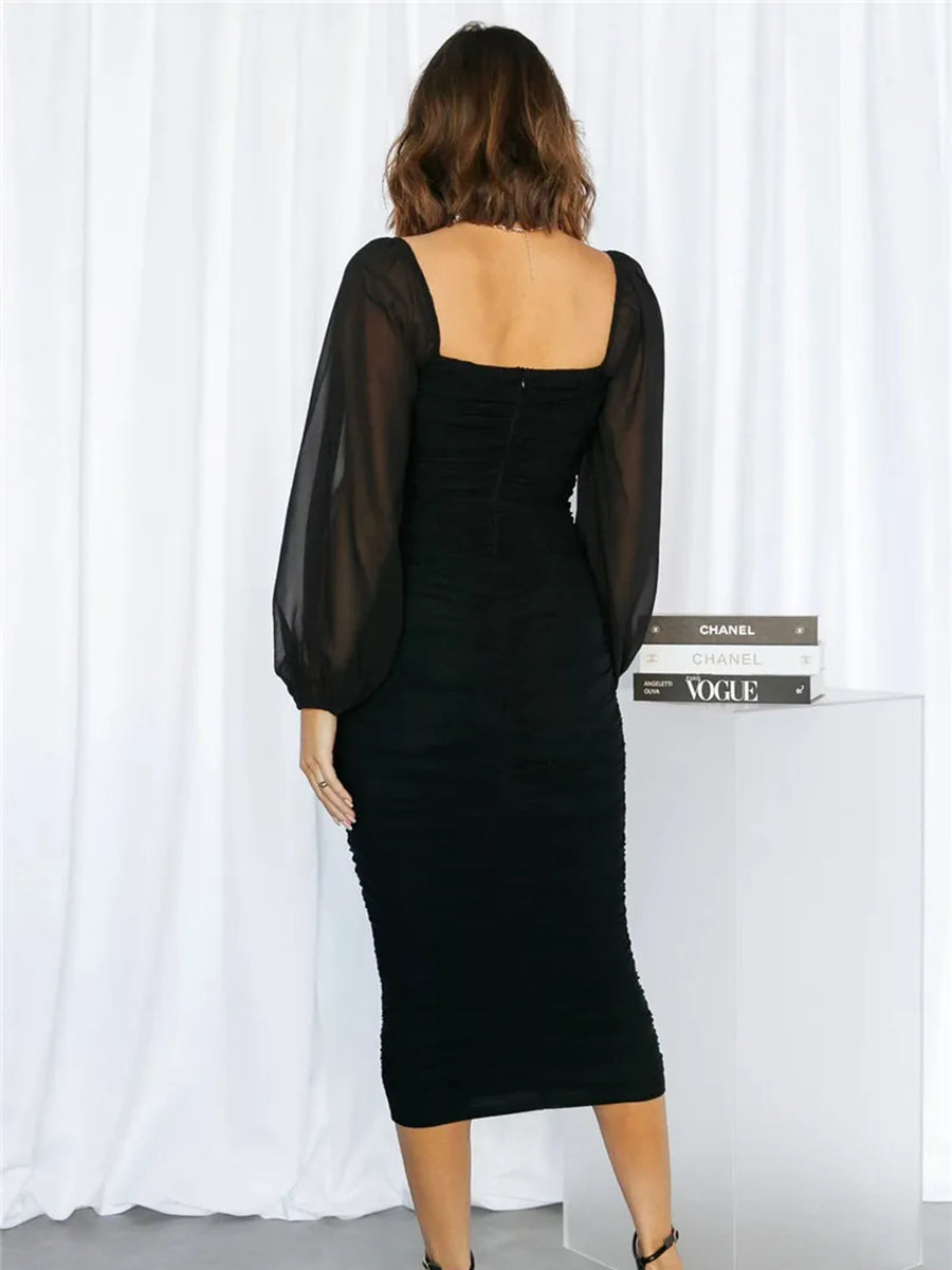 Elegant Mesh Long Sleeve Backless Midi Dress Rown