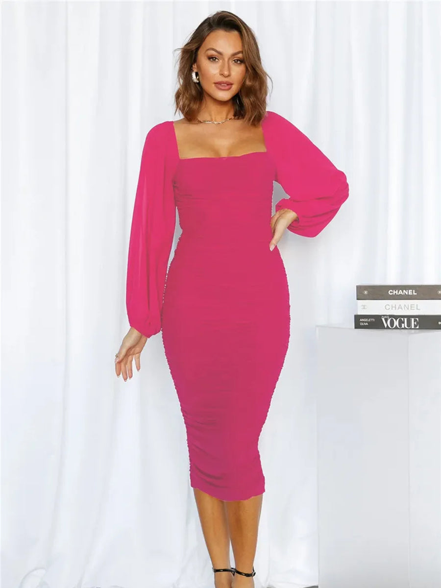 Elegant Mesh Long Sleeve Backless Midi Dress Rown