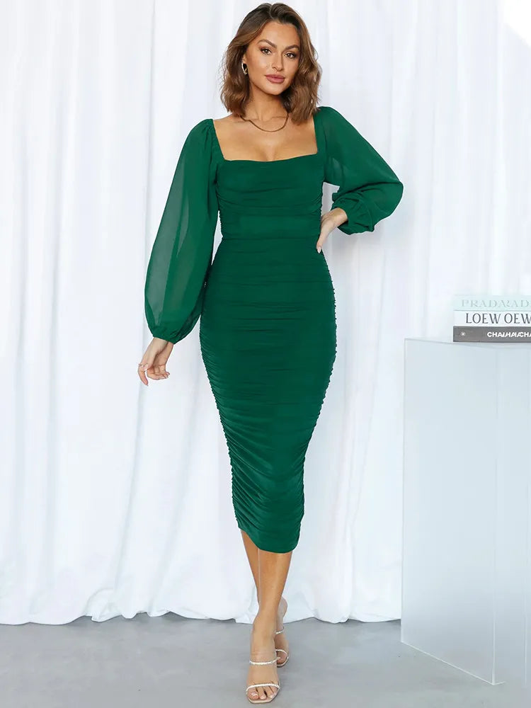 Elegant Mesh Long Sleeve Backless Midi Dress Rown