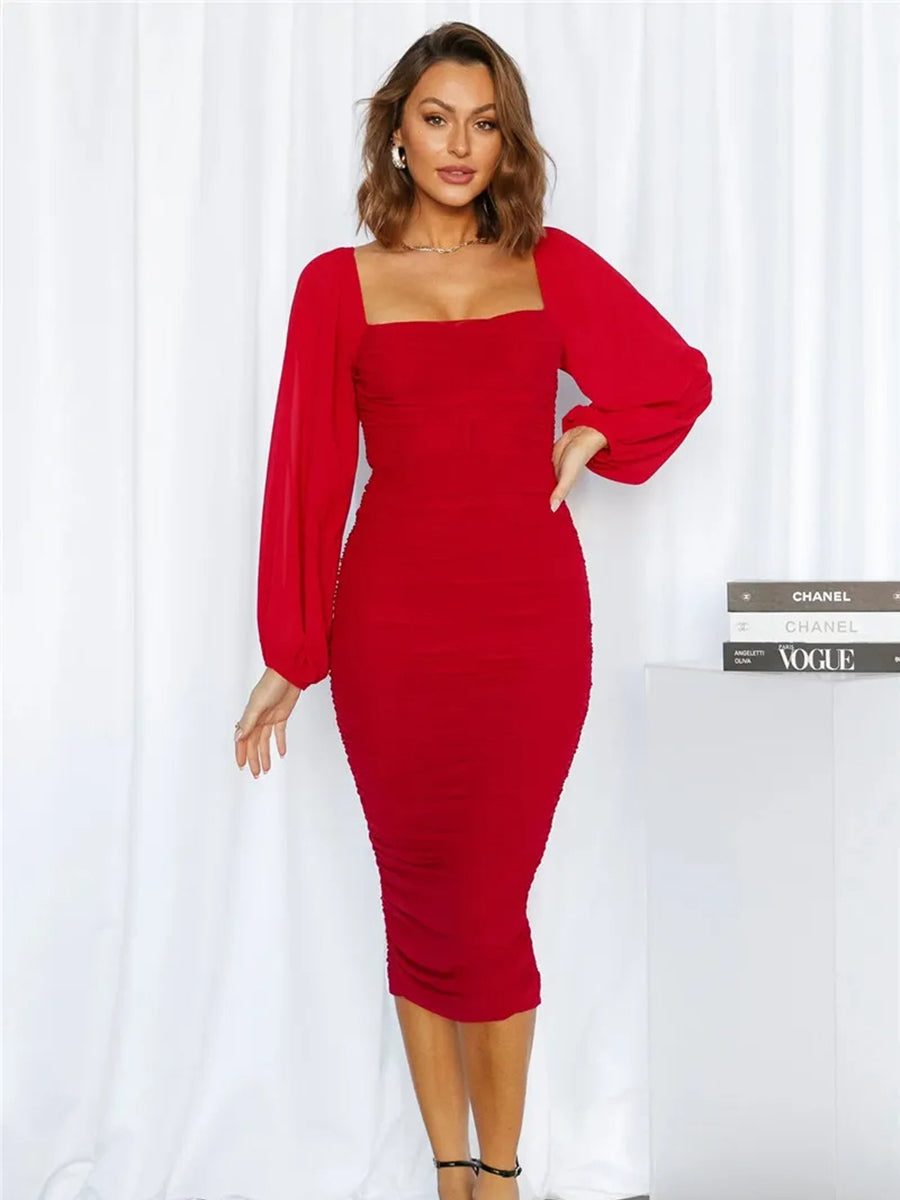 Elegant Mesh Long Sleeve Backless Midi Dress Rown