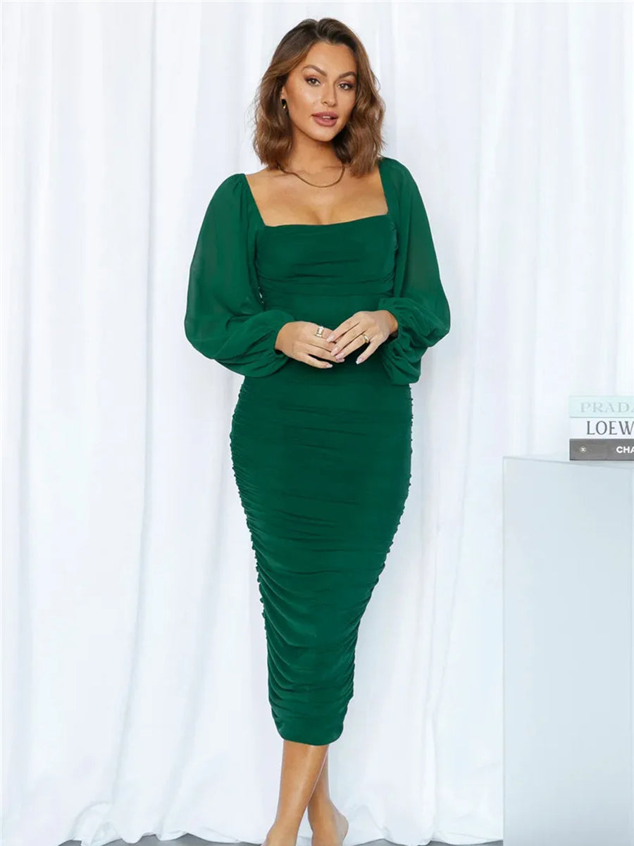 Elegant Mesh Long Sleeve Backless Midi Dress Rown