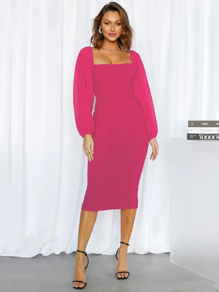 Elegant Mesh Long Sleeve Backless Midi Dress Rown