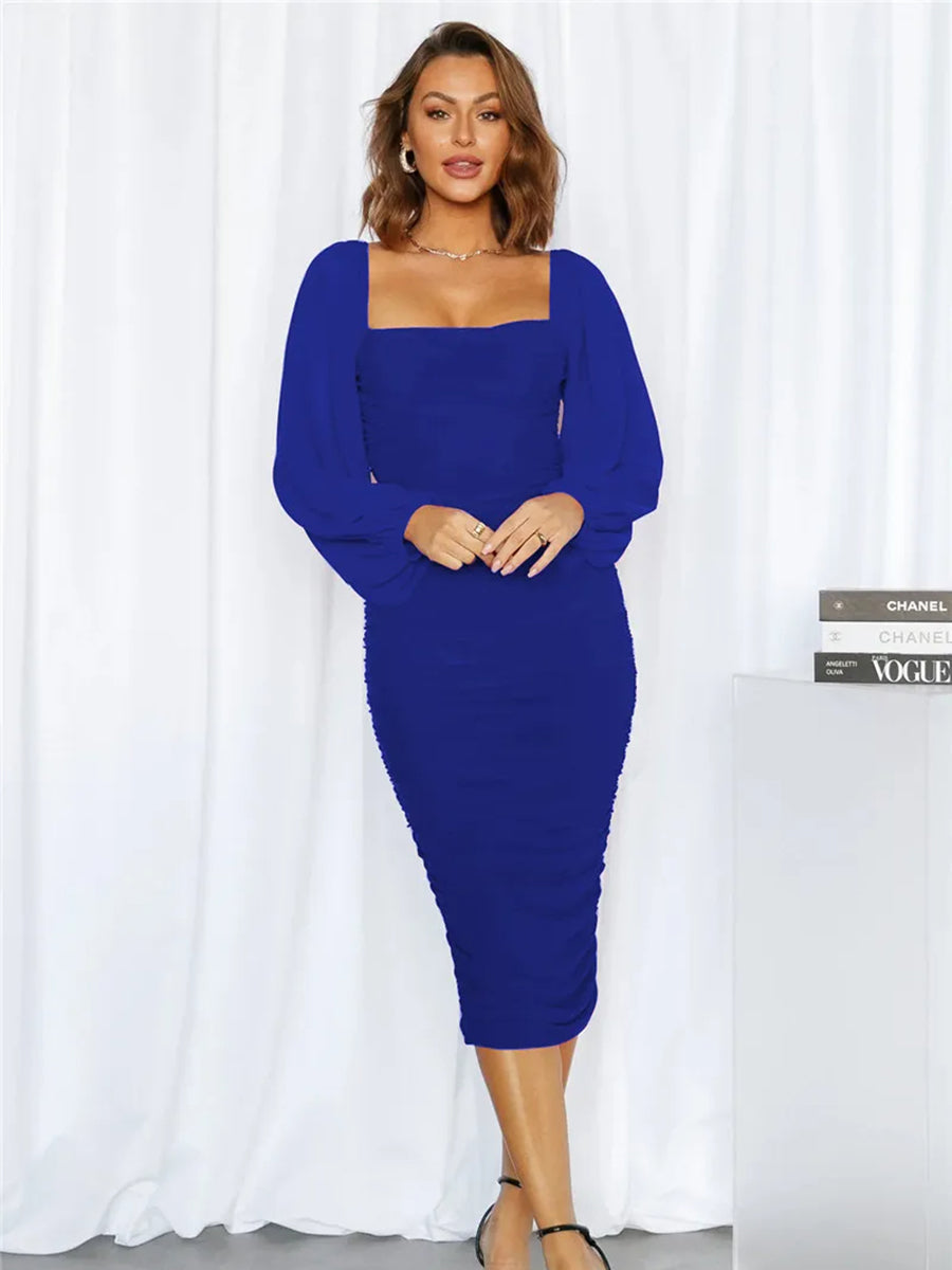 Elegant Mesh Long Sleeve Backless Midi Dress Rown