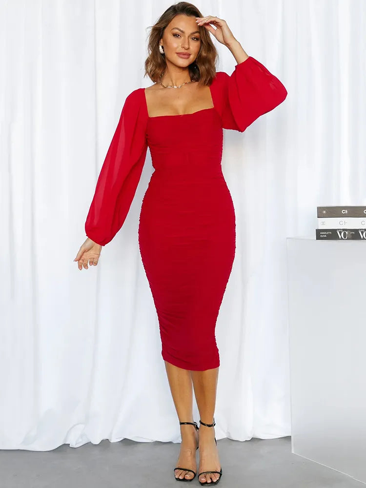 Elegant Mesh Long Sleeve Backless Midi Dress Rown