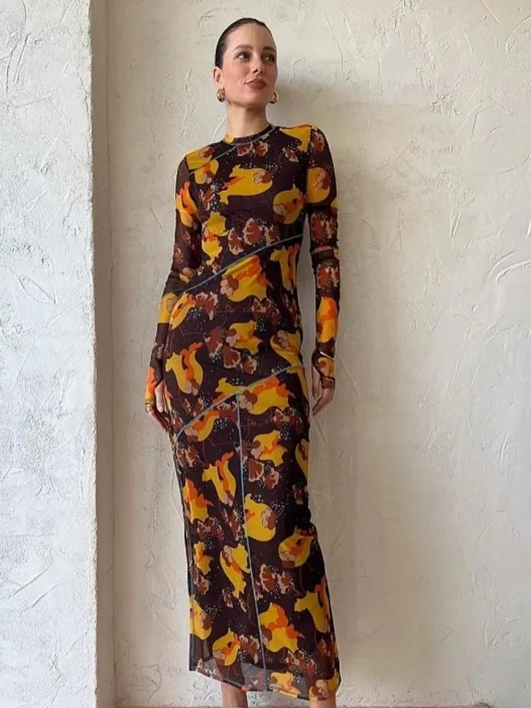 Elegant Mesh Sheer Print Midi Dress Rown
