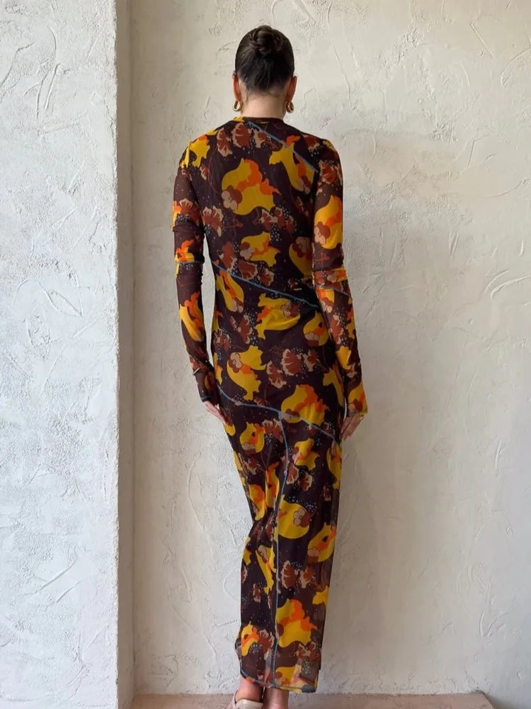 Elegant Mesh Sheer Print Midi Dress Rown