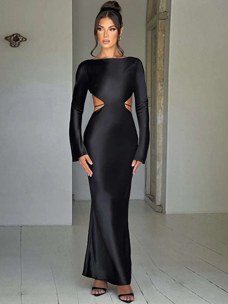 Elegant O Neck Bodycon Satin Backless Maxi Long Rown