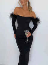 Elegant Off-shoulder Feather Sleeve Maxi Dress Rown