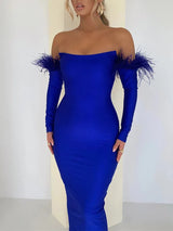 Elegant Off-shoulder Feather Sleeve Maxi Dress Rown