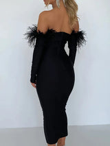 Elegant Off-shoulder Feather Sleeve Maxi Dress Rown