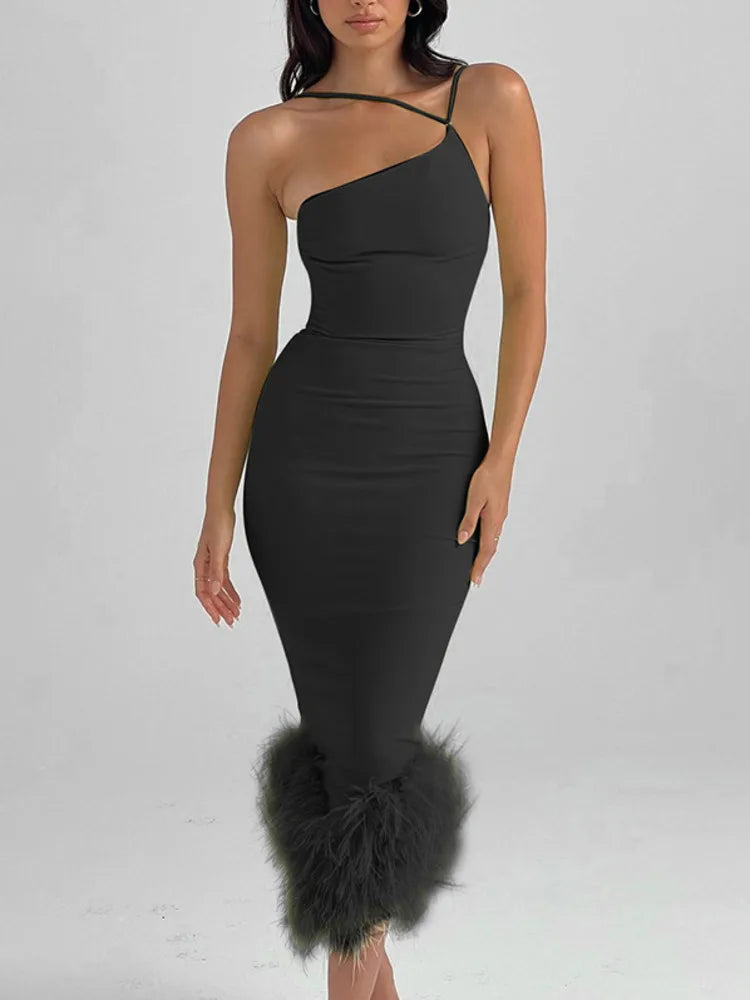 Elegant One Shoulder Feather Bottom Midi Dress Rown