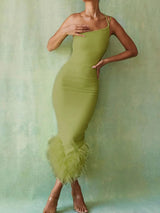 Elegant One Shoulder Feather Bottom Midi Dress Rown