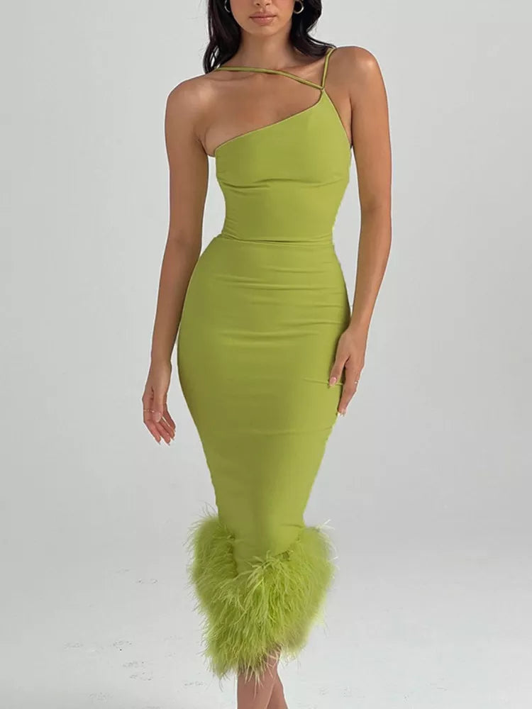 Elegant One Shoulder Feather Bottom Midi Dress Rown