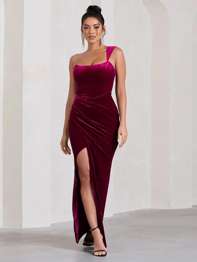 Elegant One Shoulder Thigh High Backless Maxi Dress Rown