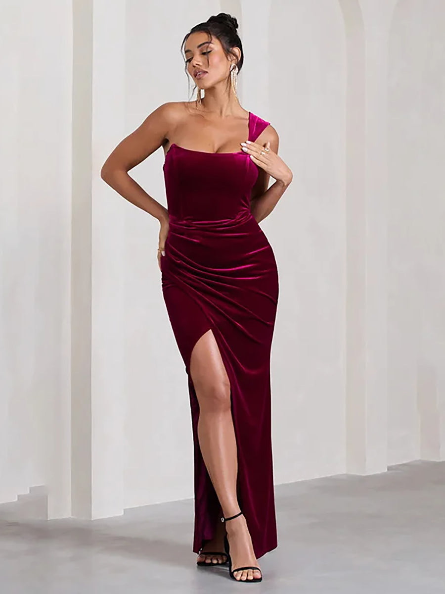 Elegant One Shoulder Thigh High Backless Maxi Dress Rown