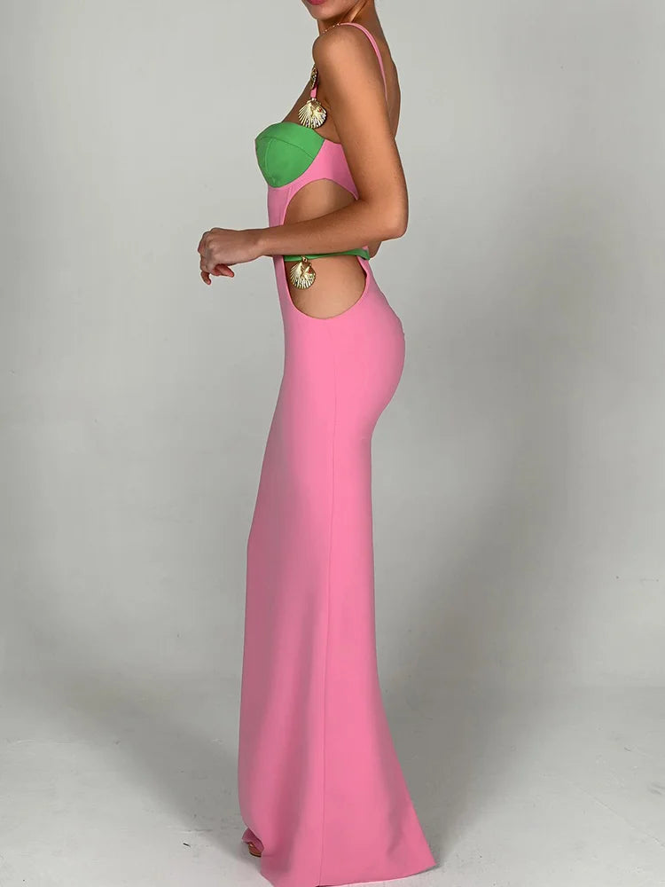 Elegant Patchwork Hollow Out Backless Maxi Dress Rown
