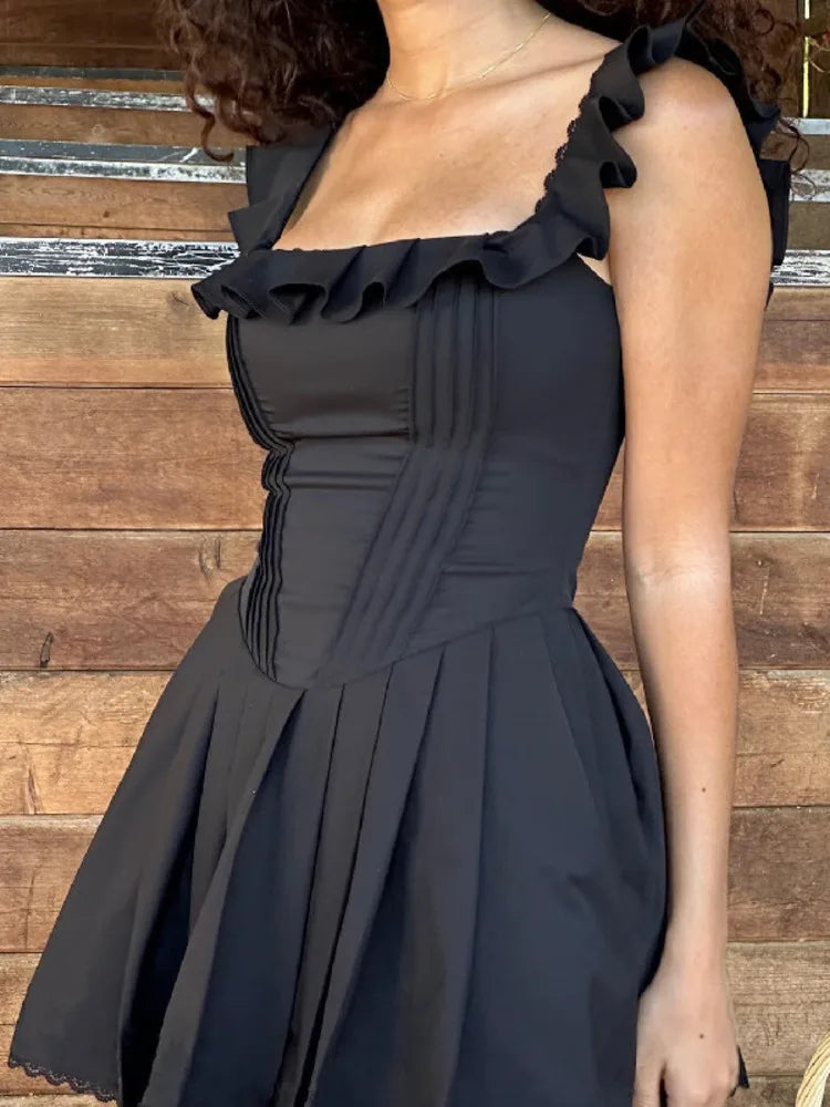 Elegant Pleated Black Slim Slip Backless Mini Dress Rown