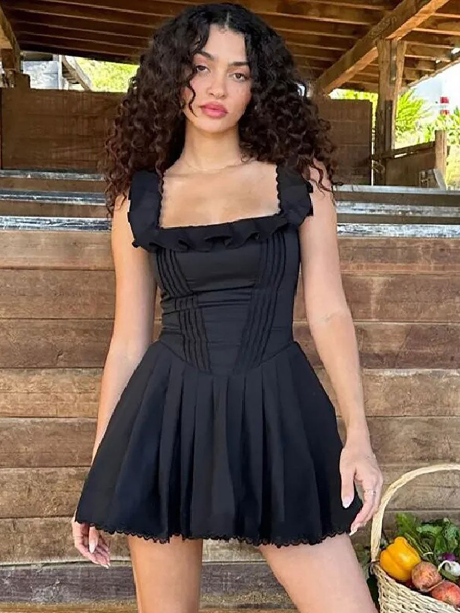 Elegant Pleated Black Slim Slip Backless Mini Dress Rown