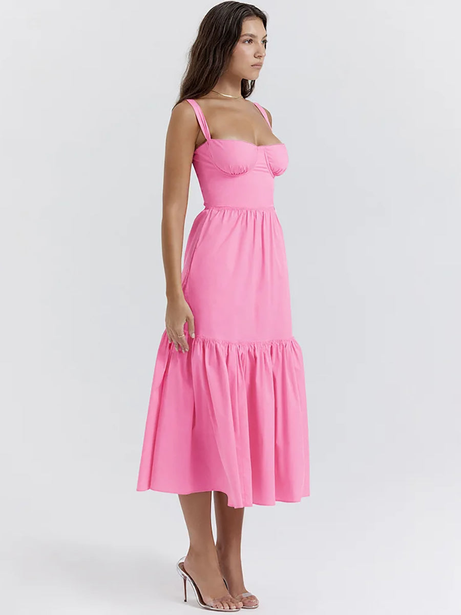 Elegant Pleated Spaghetti Strap Backless A-line Midi Dress Rown