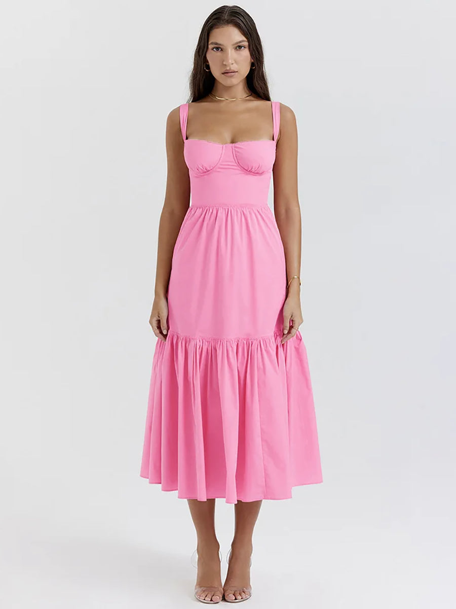 Elegant Pleated Spaghetti Strap Backless A-line Midi Dress Rown