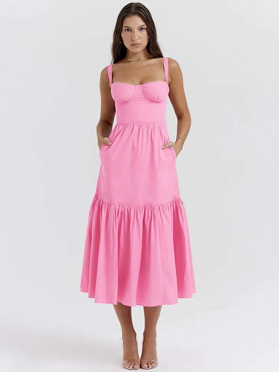 Elegant Pleated Spaghetti Strap Backless A-line Midi Dress Rown