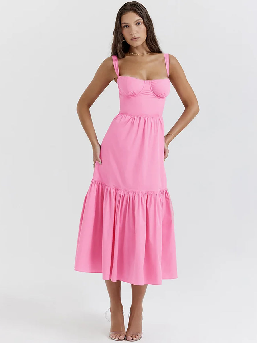 Elegant Pleated Spaghetti Strap Backless A-line Midi Dress Rown